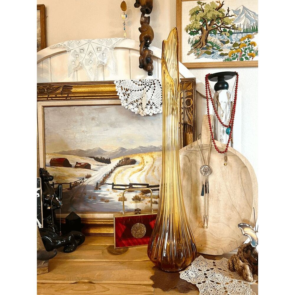 Vintage L.E. Smith Jumbo Amber Simplicity Swung Glass Vase – 32.5” Tall x 8” Dia